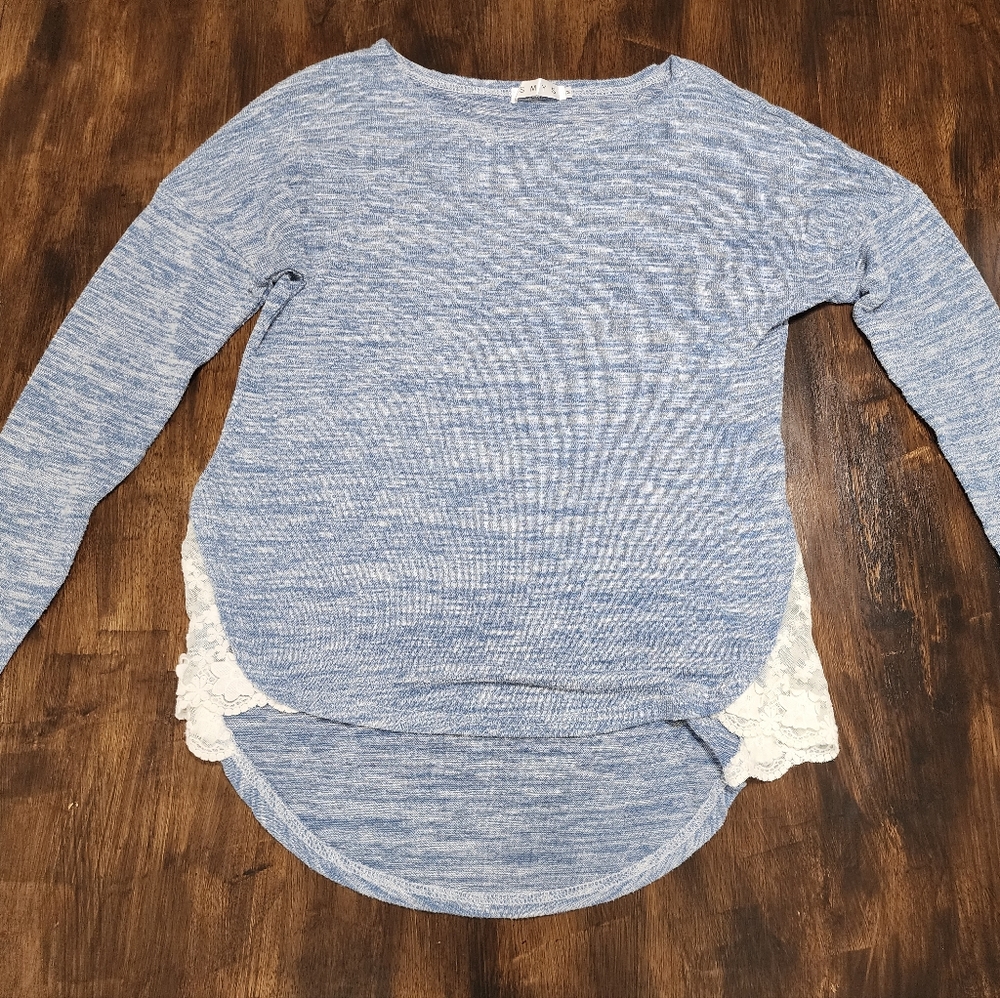 SMYS Womens size Medium long sleeve light blue shirt with white lace